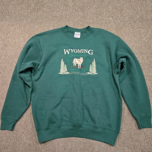 Oneita Other - Vintage 90s Nature Wolf Sweatshirt Mens XL Embroidered Green Oneita Made in USA